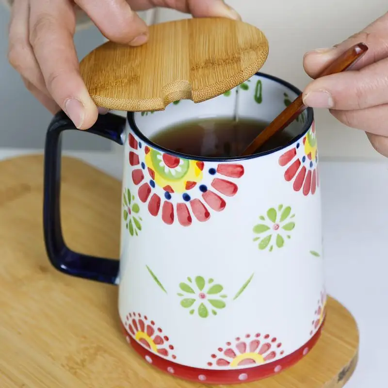 700ml Retro Hand-painted Flower Ceramic Mug，large Capacity Cup Garden Style Coffee Cup，Home Office Water Cup with Lid Drinkware
