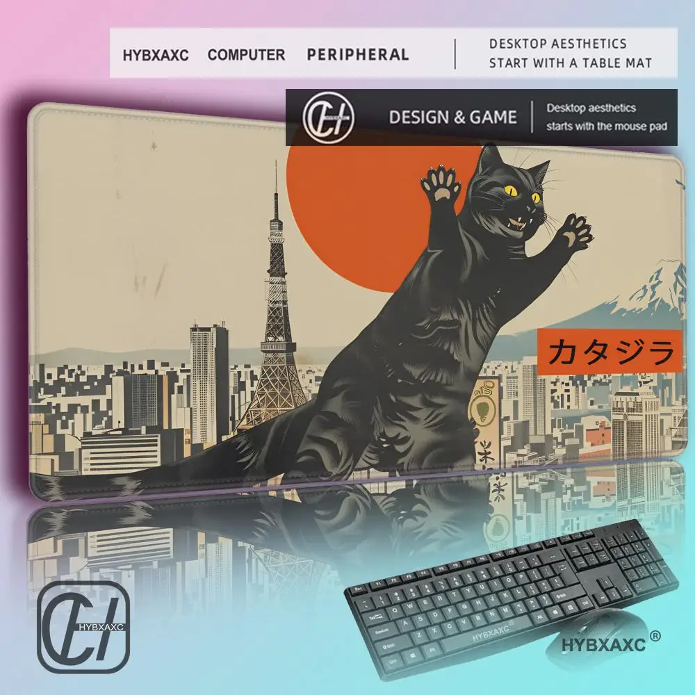 

HYBXAXC DeskMat Giant BlackCat Tokyo Skyline DeskMat Retro Monster Japanese Aesthetics DeskPad Kaiju Mousepad Japanophile