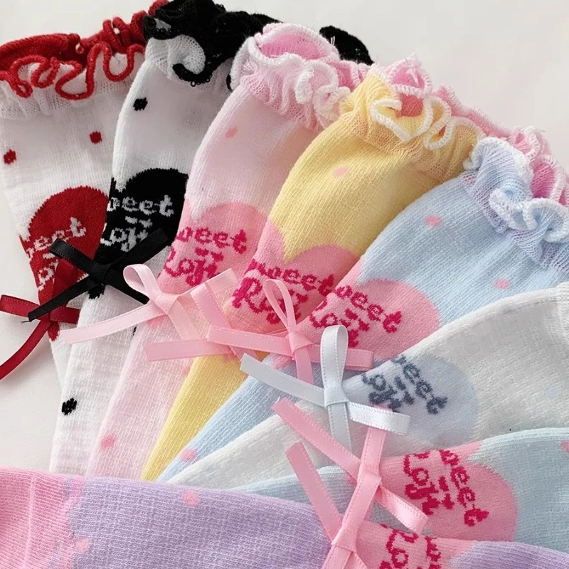 

New Original Wave Point Love Lolita Socks Summer Cotton Bow Slim Leg Socks Lolita Japanese Sweet Girl Y2K Beauty Short Socks