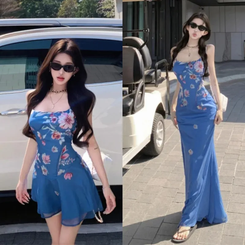 

Elegant Slim Fit Butterfly Backless Fish Tail Long Skirt French Retro Floral Suspender Dress Chic Summer Vacation Women's Dress