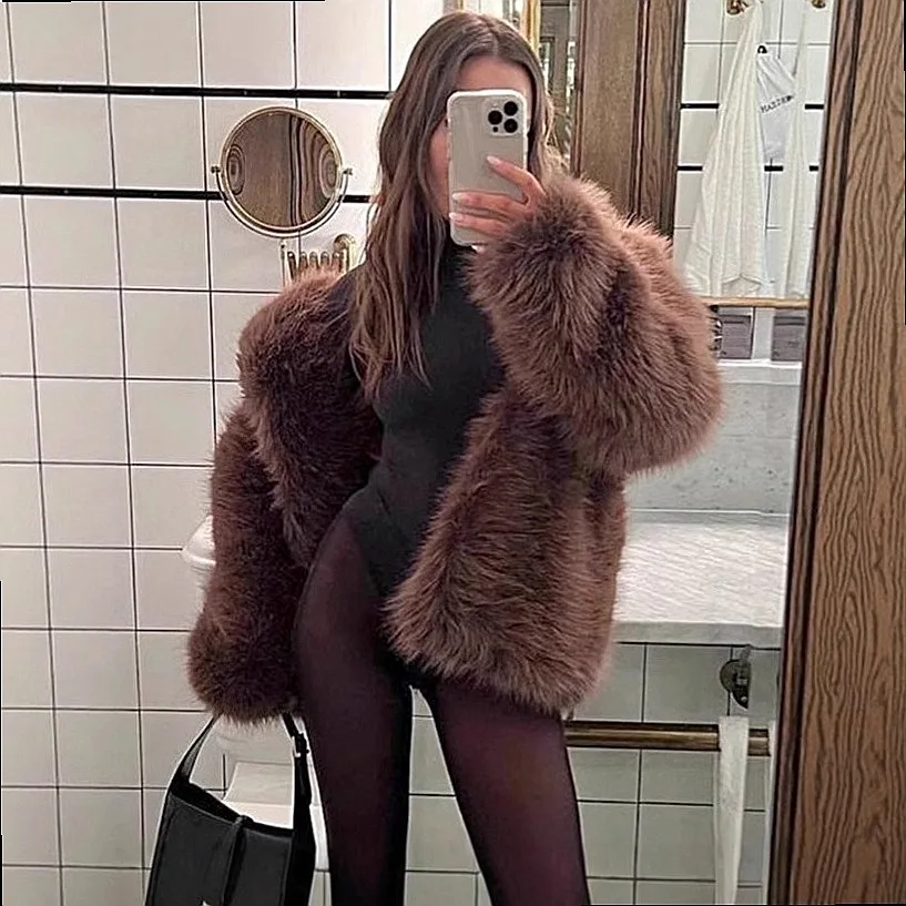 Faux Fur Leopard Coat Women Long Blazer Collar Winter Fall Fur Coats