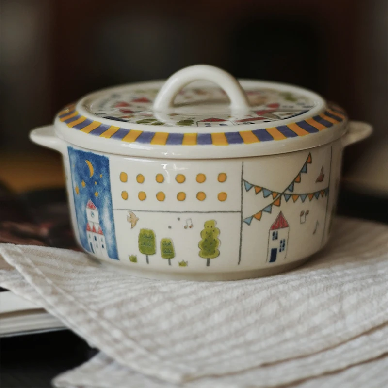 Tazón de Sopa Apto para Microondas Zeteng con Tapa, Tazón de Cerámica con Diseño de Dibujos Animados, Forma Redonda, para Postre, Arroz, Fideos, Bajo en Grasa