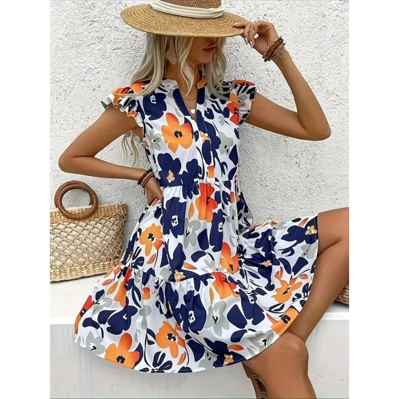 

Плюс размер 1XL-5XL, женская мода, блузка с коротким рукавом и принтом, платье с воротником, женское элегантное и стильное платье с кружевным подолом