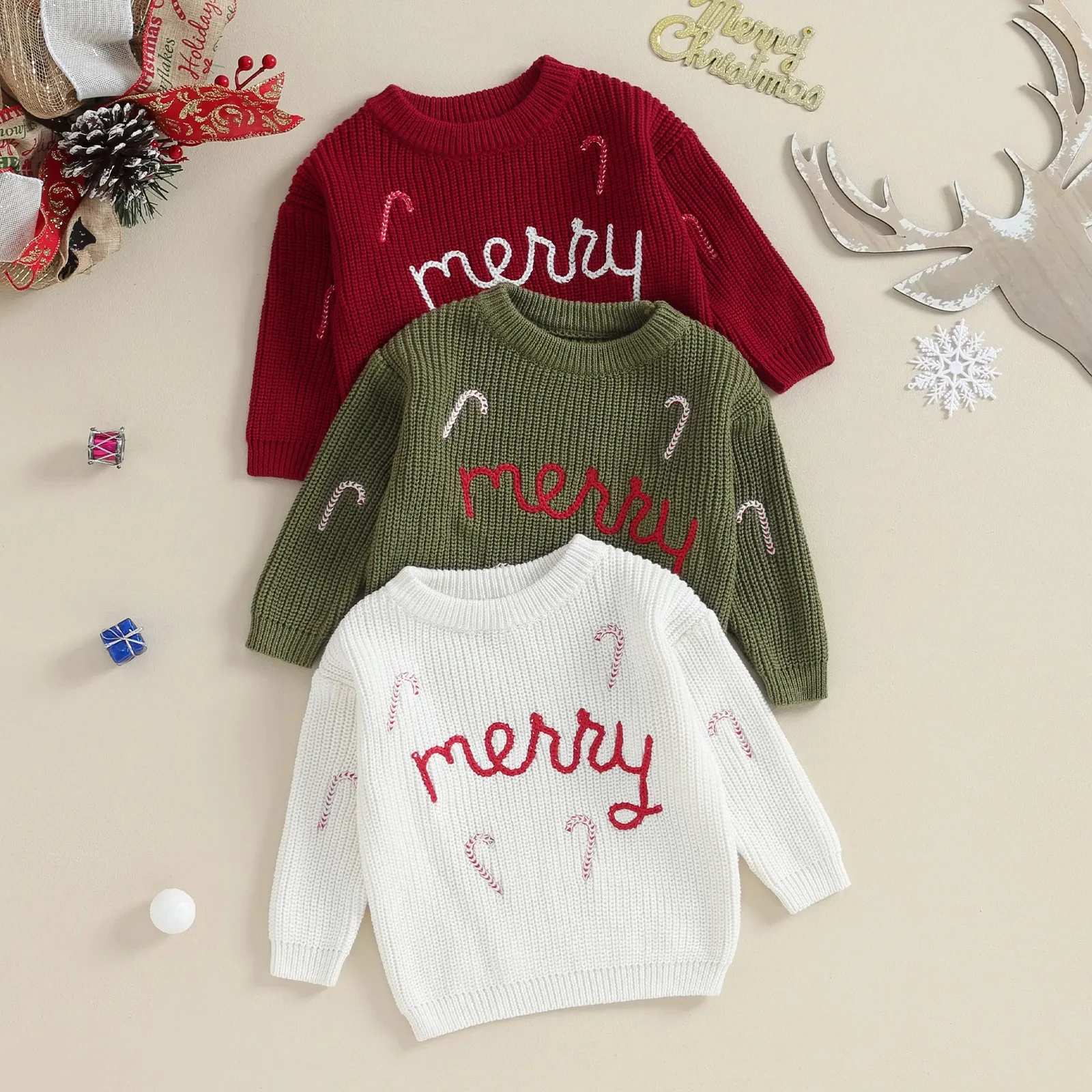 Merry Christmas Children Clothes Girls Boys Knitted Sweaters Long Sleeve Candy Cane Embroidery Crochet Pullover Kids Knitwear