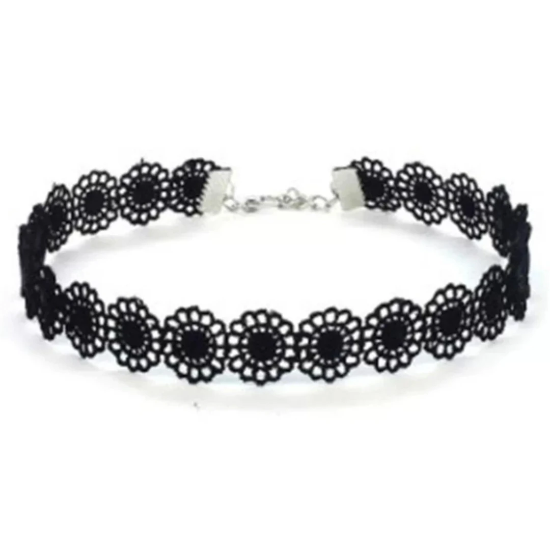 6 Pcs Set Black Simple Fashion Gothic Floral Shape Lace Alloy Choker Necklace Women Party Outfit Jewelry