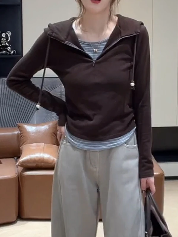 

Женская толстовка больших размеров с длинным рукавом и полосками, корейский стиль, для ранней весны, для повседневной носки, утягивающий топ