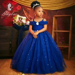 Vestidos de niña de flores azules reales para boda, vestido de desfile de niñas pequeñas con cuentas de tul, ropa Formal para niños