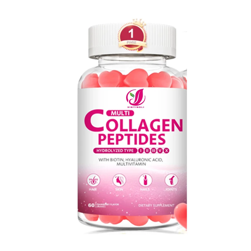

Multi collagen peptide gummies, type I, II, III, V, X proteins containing hyaluronic acid and vitamin C