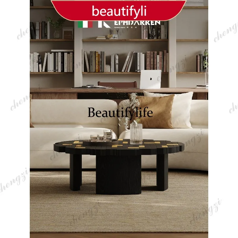 02A Solid wood parquet coffee table living room household Italian minimalist creative round coffee table high sense