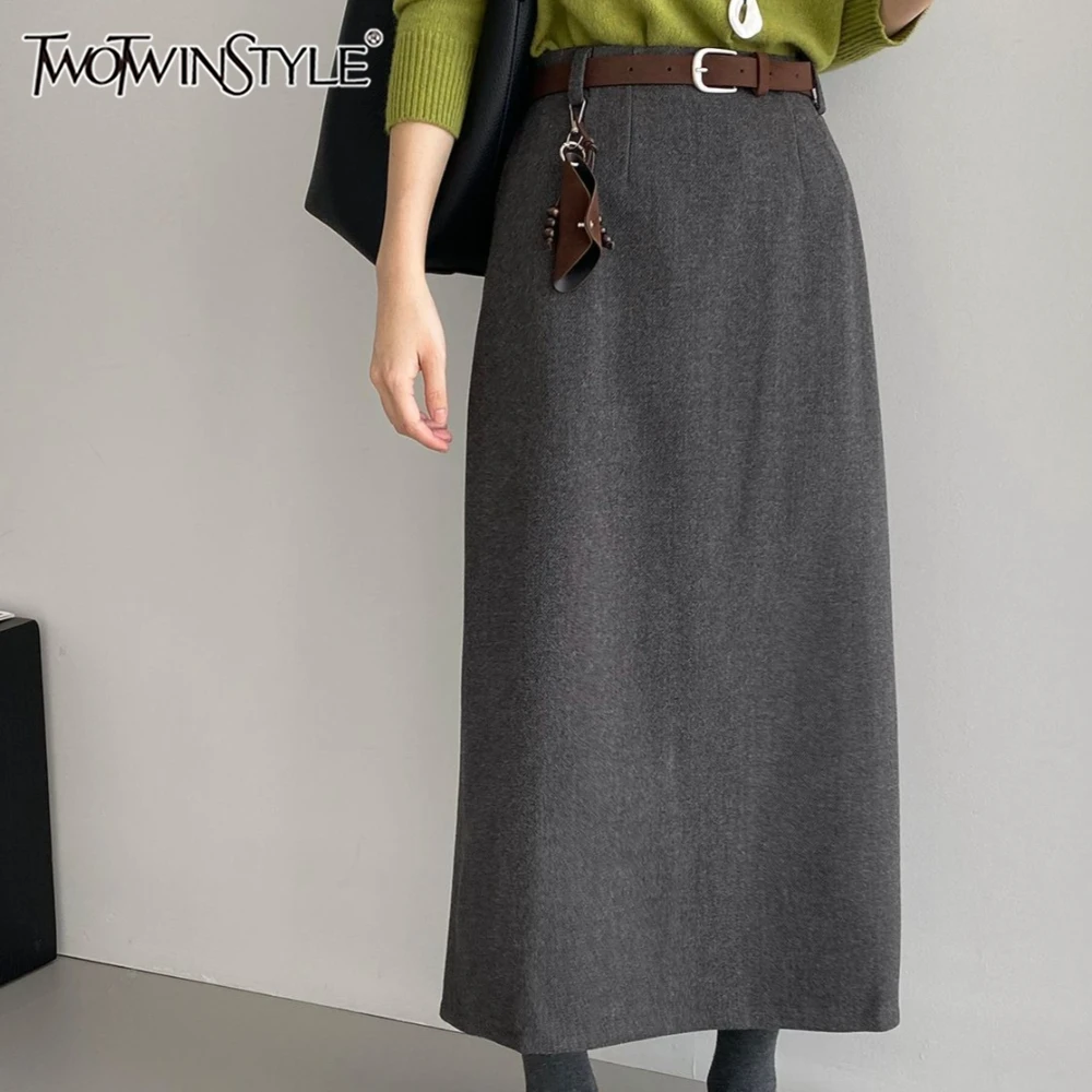 

TWOTWINSTYLE Solid Spliced Sashes Korean Skirt Female High Waist Loose Vintage Commute Women's Long Skirts Autumn New Fashion