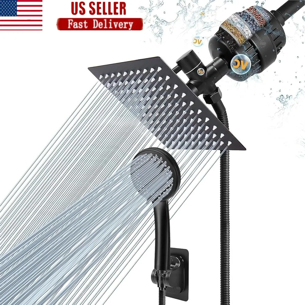 

High Pressure 8 Inch Square Rain Shower Head with 5 Settings Handheld Shower Filter Combo Self Adhesive Holder 1.5M Hose