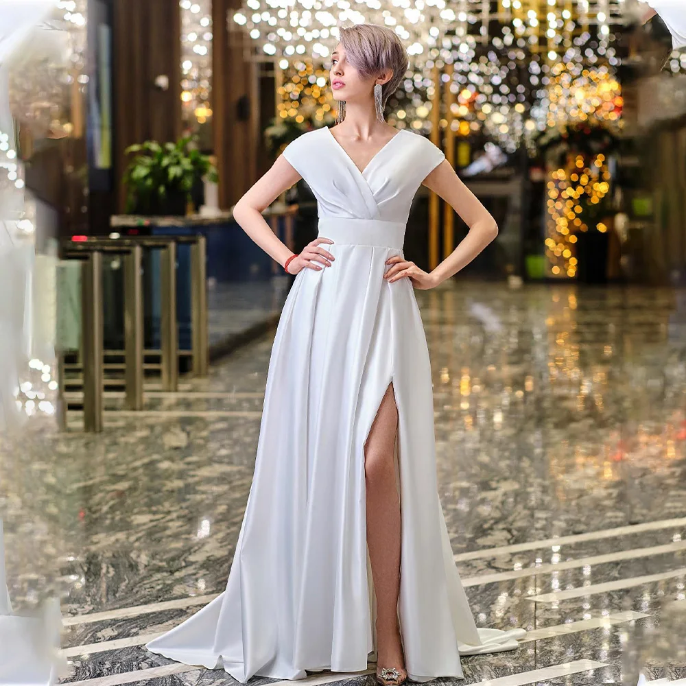 

Simple Cheap V-neck Satin Boho Beach A Line Wedding Dresses Side Slit Custom Made Formal Bridal Grown 2023 Rode De Morrie