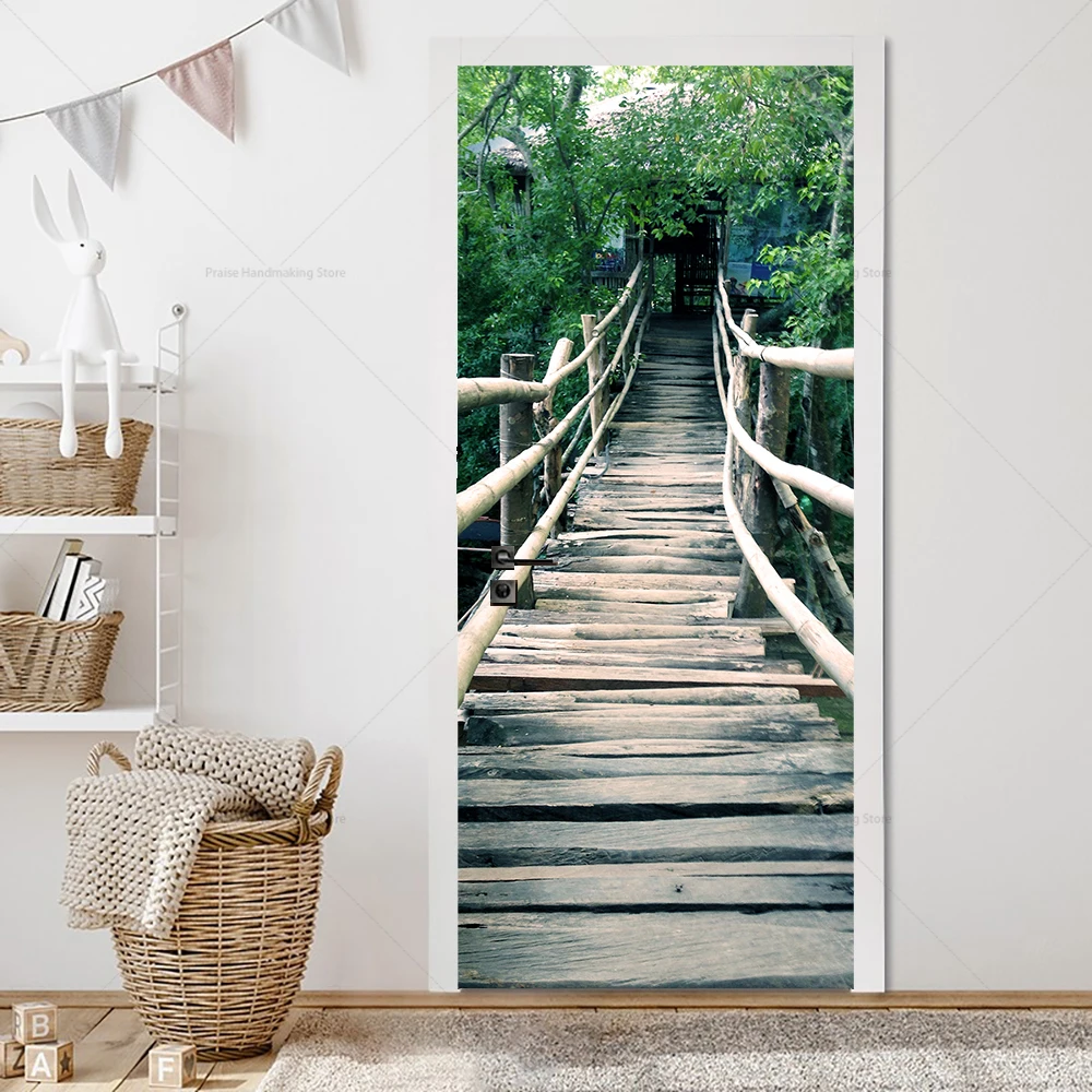 3D Seaside Plank Road Scenery Door Sticker Apartment Decorative Wall Sticker Mural High-altitude Suspension Bridge PVC Sticker