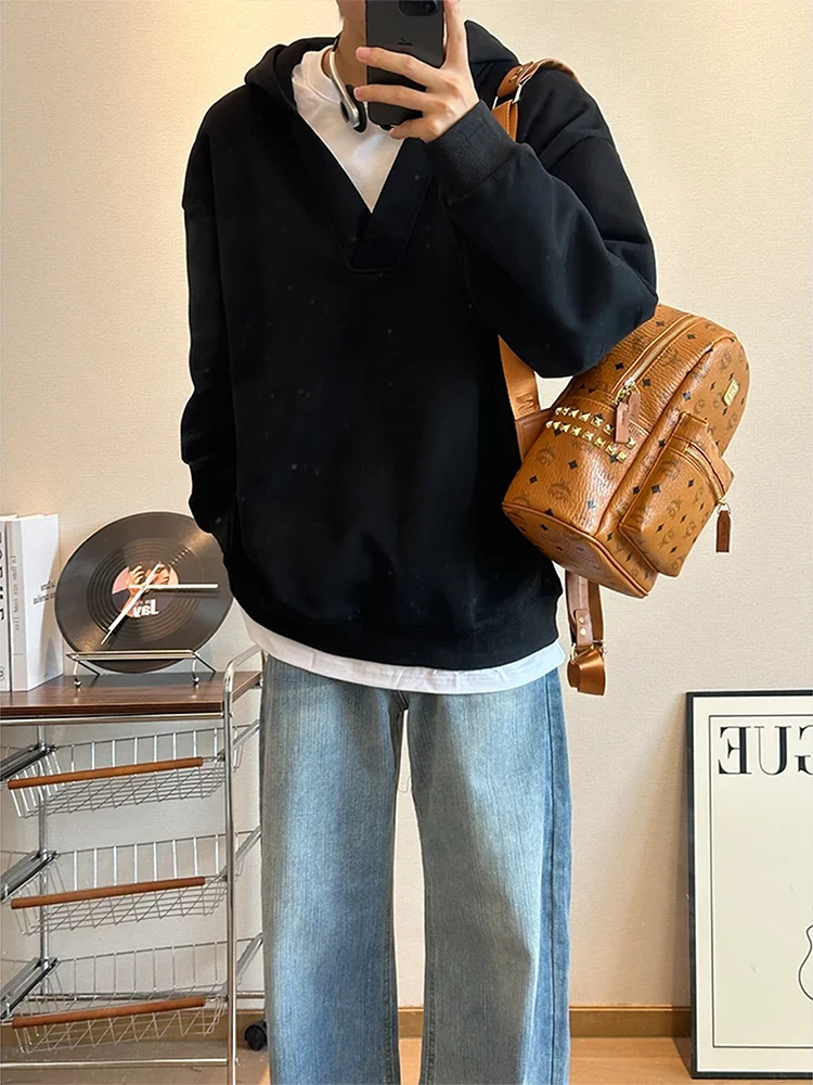 

American Sle Patchwork Hoodie ex Autumn Winter Casual Design Sense Couple Outerwear Comfortable Loose Fit Long Sve