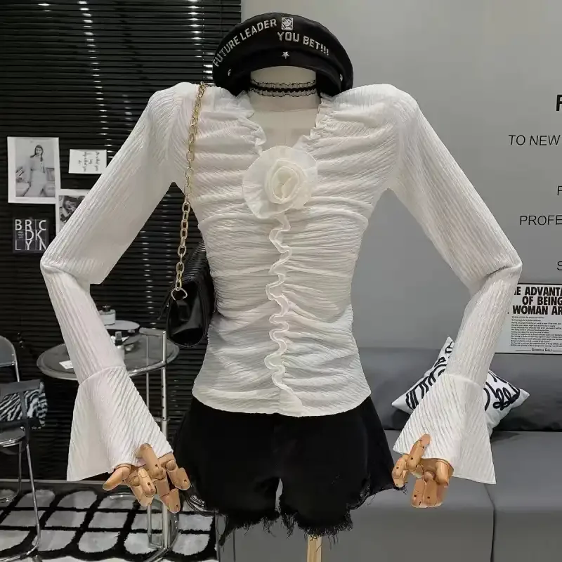 Pink Ruffled Flare Sleeve Blouse With Rose Applique Princess Style Women's Top Slim Fit Spring Autumn Fashion