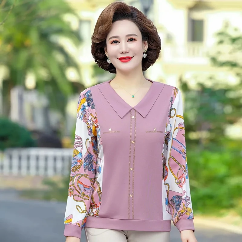 New Spring Summer Long Sleeve Shirts Mid-aged Mom Bottom Shirt Womens Fashion Print T-shirt Blouse Ladies Simple Wild Shirt Tops