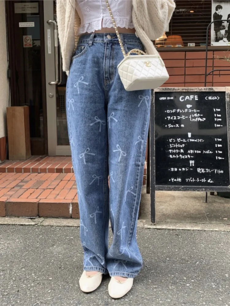 Jeans Retro Autumn Pant Women Sweet Bow Print Fashion Korean Style Loose Pleated Ladies Trousers High Waist Woman Long Pants