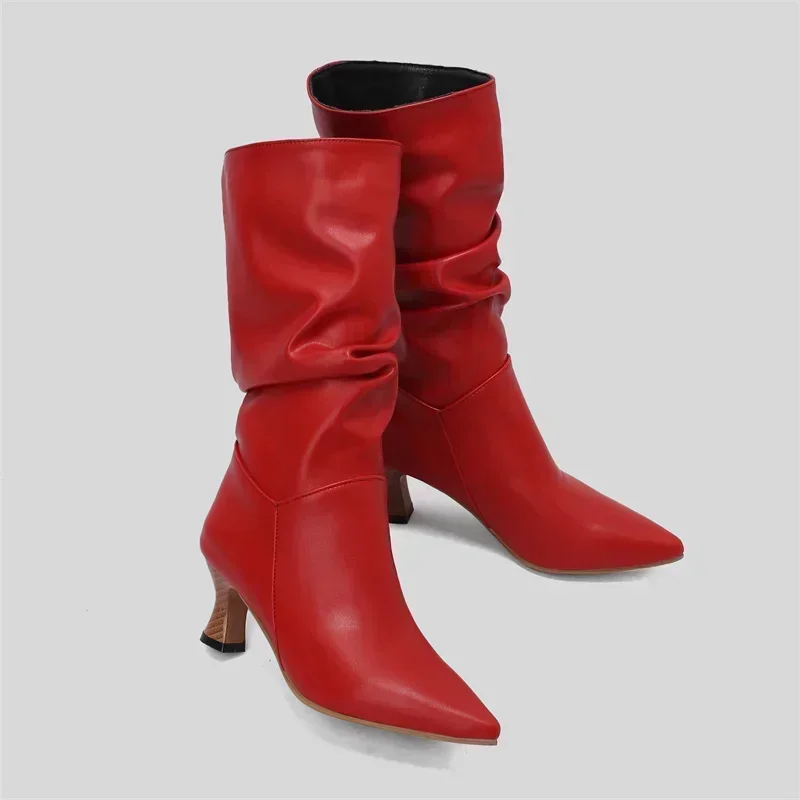 

Winter Women Blue Pleated Denim Mid-calf Boots High Kitten Heels Sexy Red Black Party Club Pointed Toe Slip-on Slouch Half Boots