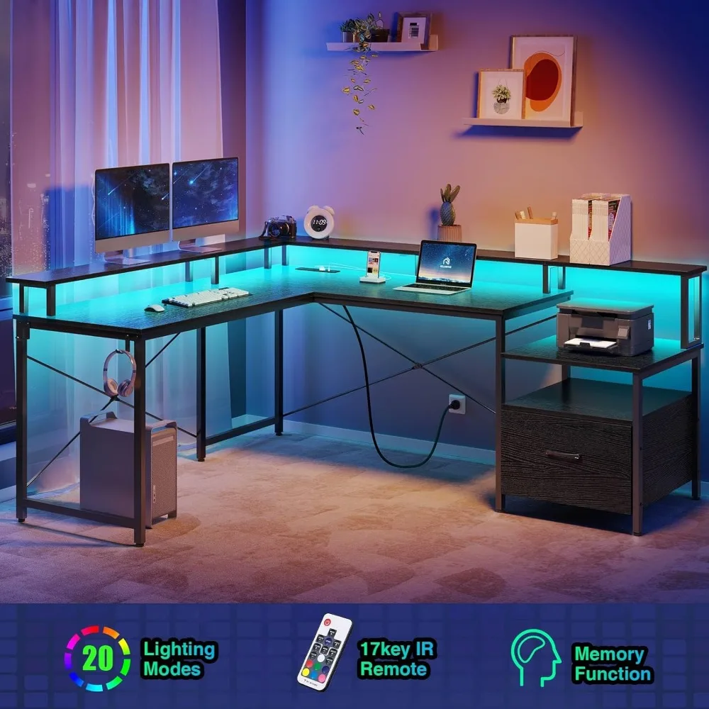 Computer desk with file drawer, power socket and LED light strip, home office desk with monitor stand