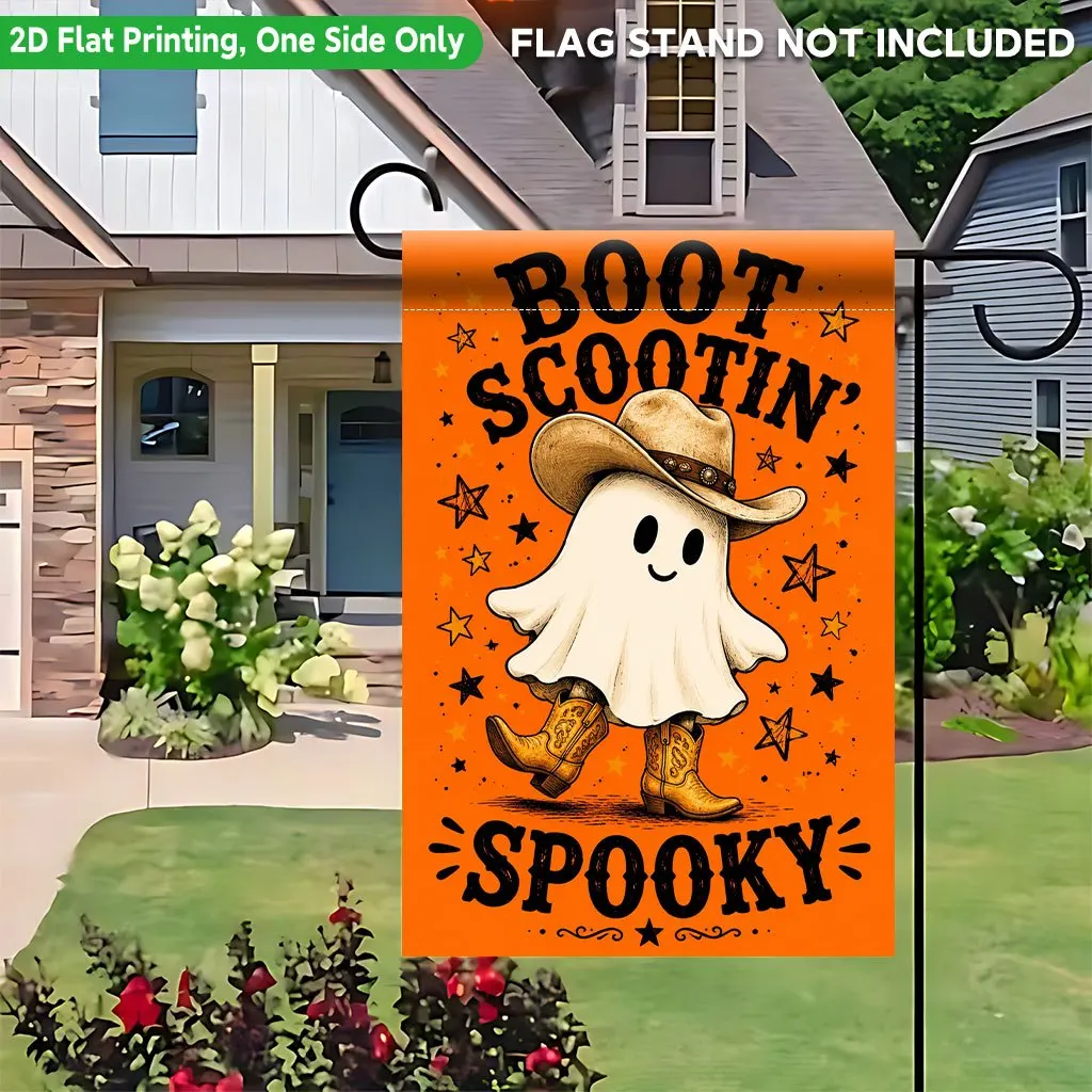2D Flat - 2D Flat Printing Garden Flag 1pc, Adorable Ghost with Cowboy Hat Single-Sided Printed Garden Flag, Suitable for Party Outdoor Indoor Home Decor Garden Flag, for party Decoration Supplies, for Lawn, Garden Decor, Flagpole Not Included view 5