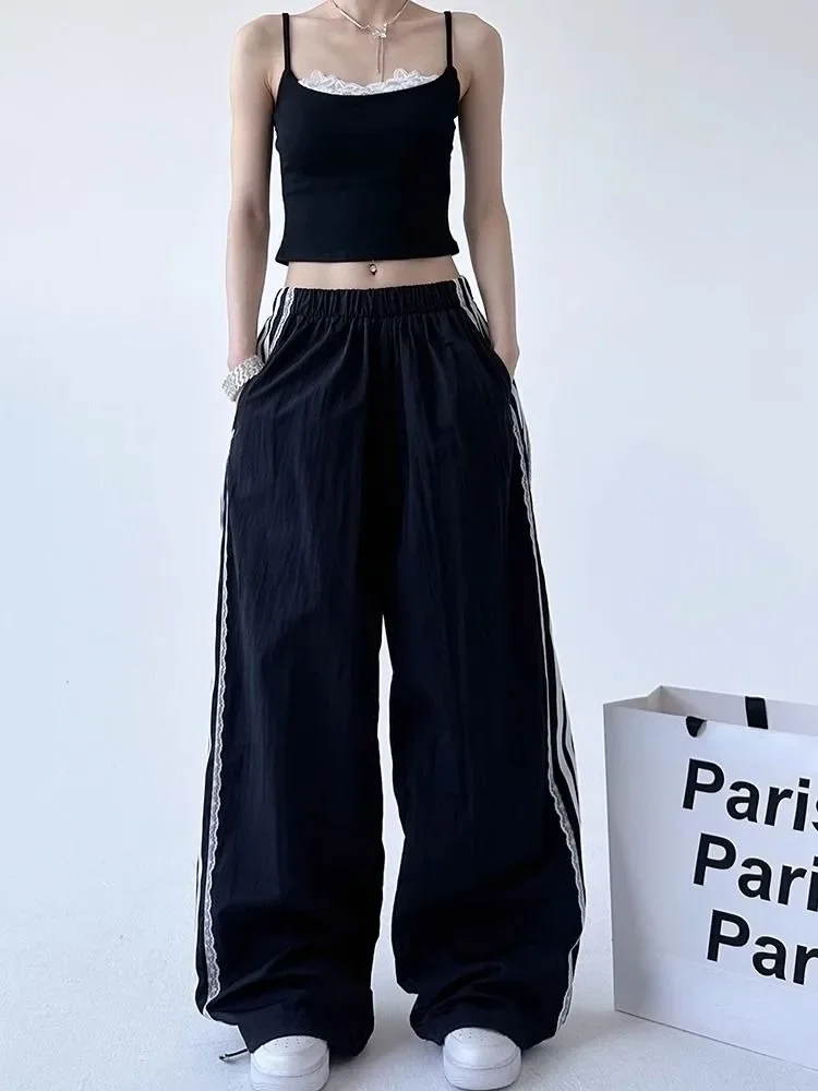 HOUZHOU Y2k Vintage Baggy Striped Sweatpants Woman Oversized Korean Fashion Harajuku Laces Pants Streetwear Gyaru 2000s Trousers