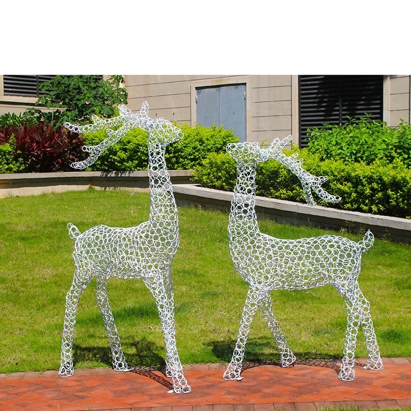 Metal Hollow Outdoor Abstract Long-necked Sika Deer Ornament Landscape Garden Stainless Steel Animal