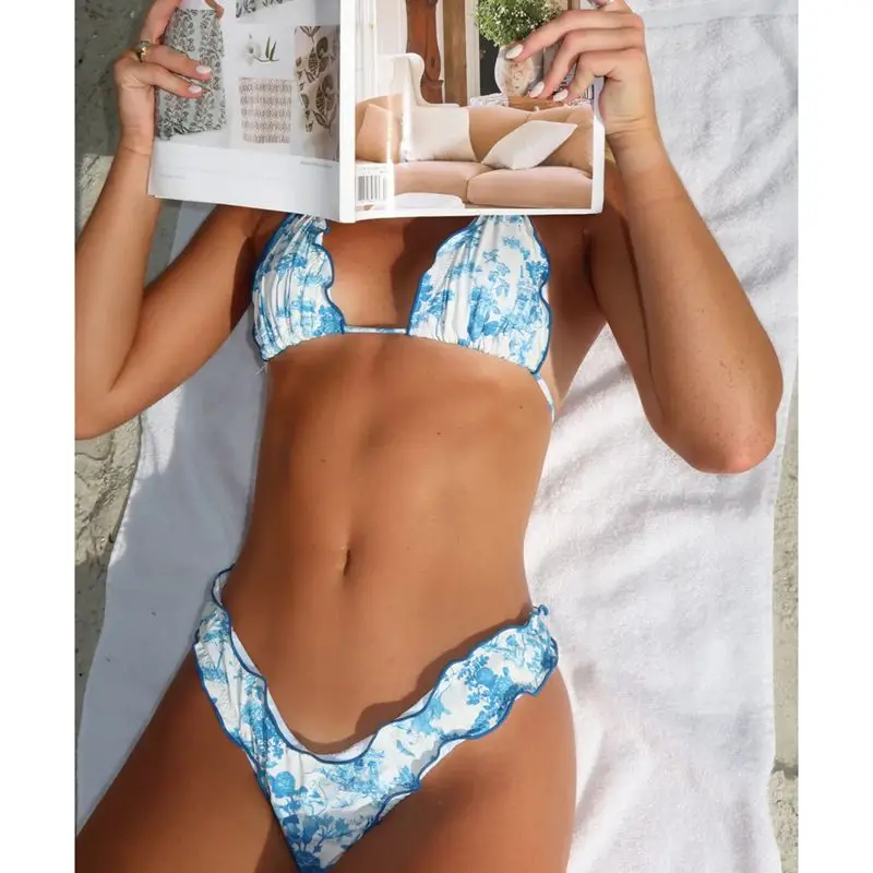 المرأة الصيف 2 قطعة ملابس السباحة مجموعة تكدرت الدانتيل متابعة الرسن الرقبة تعادل عارية الذراعين مبطن البرازيلي مرونة عالية الخصر ثونغ لباس سباحة