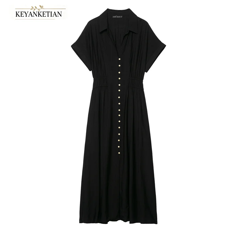 KEYANKETIAN Office Shirt Dress Point Collar Open V Front Tiny Gold Buttons Cap Sleeve Shirred Waist Black Relaxed Fit Long Dress