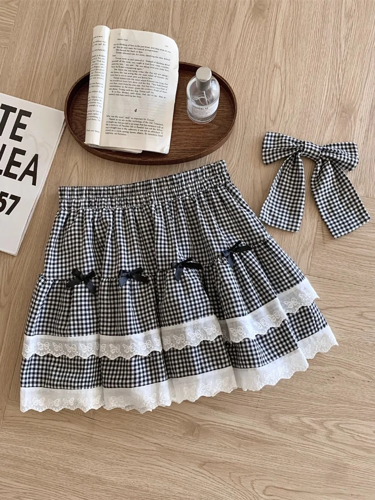 Japonais doux nœud dentelle épissage jupe à carreaux femmes été taille haute plissée couches gâteau gonflé Mini jupes Y2k Faldas
