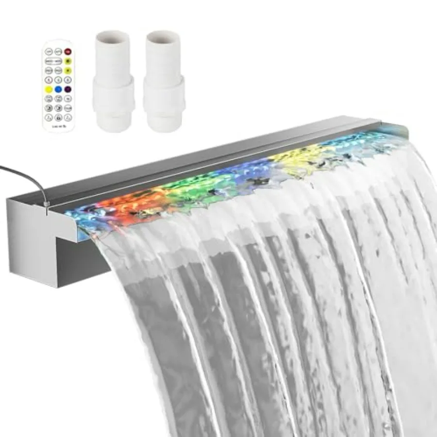 

Фонтан для бассейна из нержавеющей стали с водопадом и LED-подсветкой - 23,6-дюймовая светодиодная лента с пультом дистанционного управления, 18 цветов, плавный поток воды, каскадный эффект