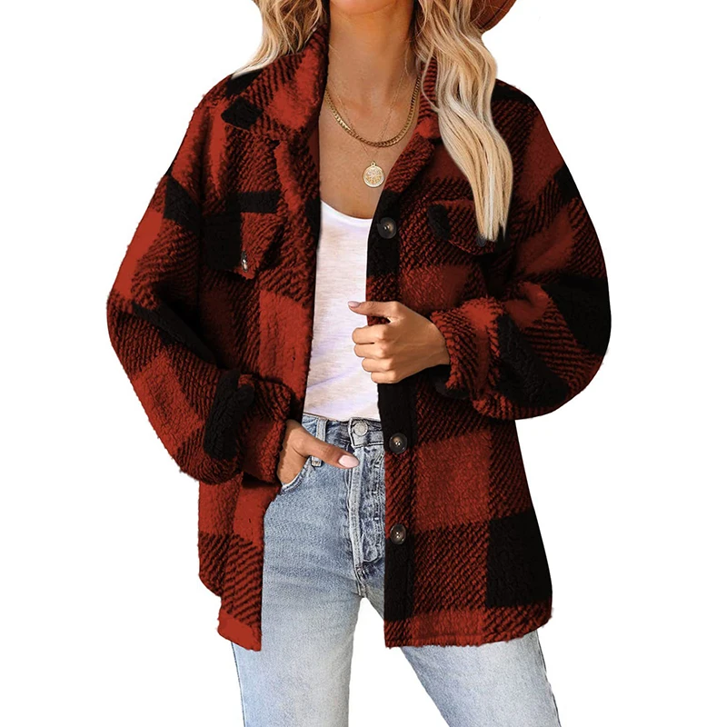 Autumn Winter Women's Plaid Printed Plush Warm Jacket Fashion Lapel Fleece Thickened Long Sleeve Coat Loose Cardigan Coat Tops image 5