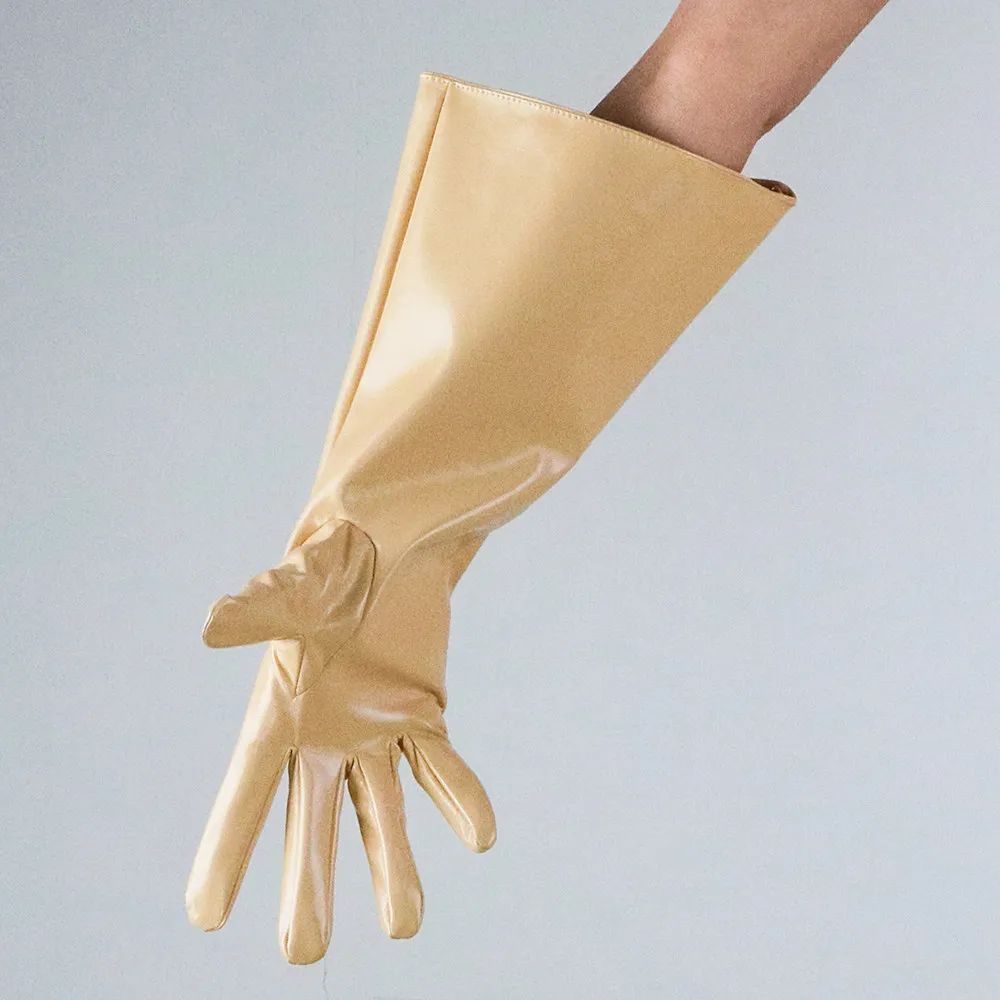 15 Zoll (38 cm) lange modische Handschuhe aus Kunstleder, PU, hellviolett, Lavendel, Flieder, Puffärmel, weit, locker, große Größe, Nachtclub, sexy – Detail 13