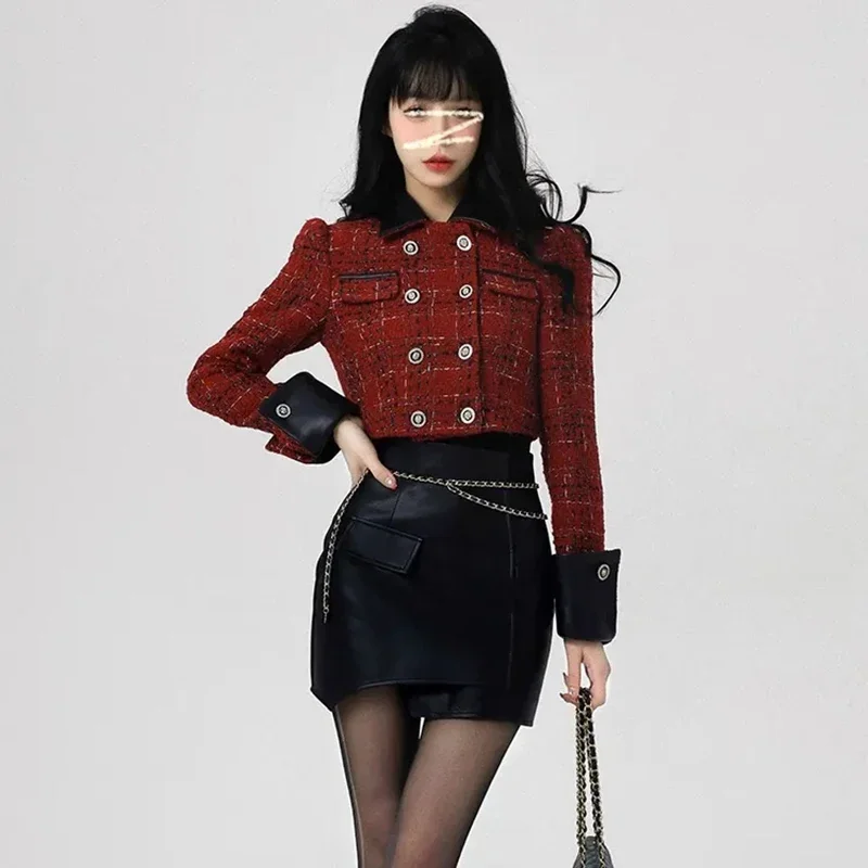 Vintage Cropped Tweed Jacket Women Elegant Blazers Korean Patchwork Short Suit Coats Christmas Double Breasted Chic Outerwear