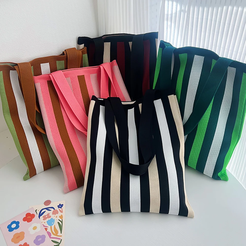 Handmade Knit Handbag Women High Capacity Shoulder Bag Korea New Casual Wide Stripe Plaid Tote Bag Student Reusable Shopping-bag