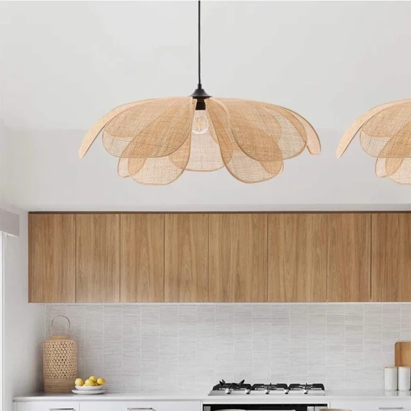 

Japanese Wabi Sabi Rattan Bar Pendant Light Living Room Retro Flower Shape Chandelier Lighting Lustre Home Decor Lamp Fixtures