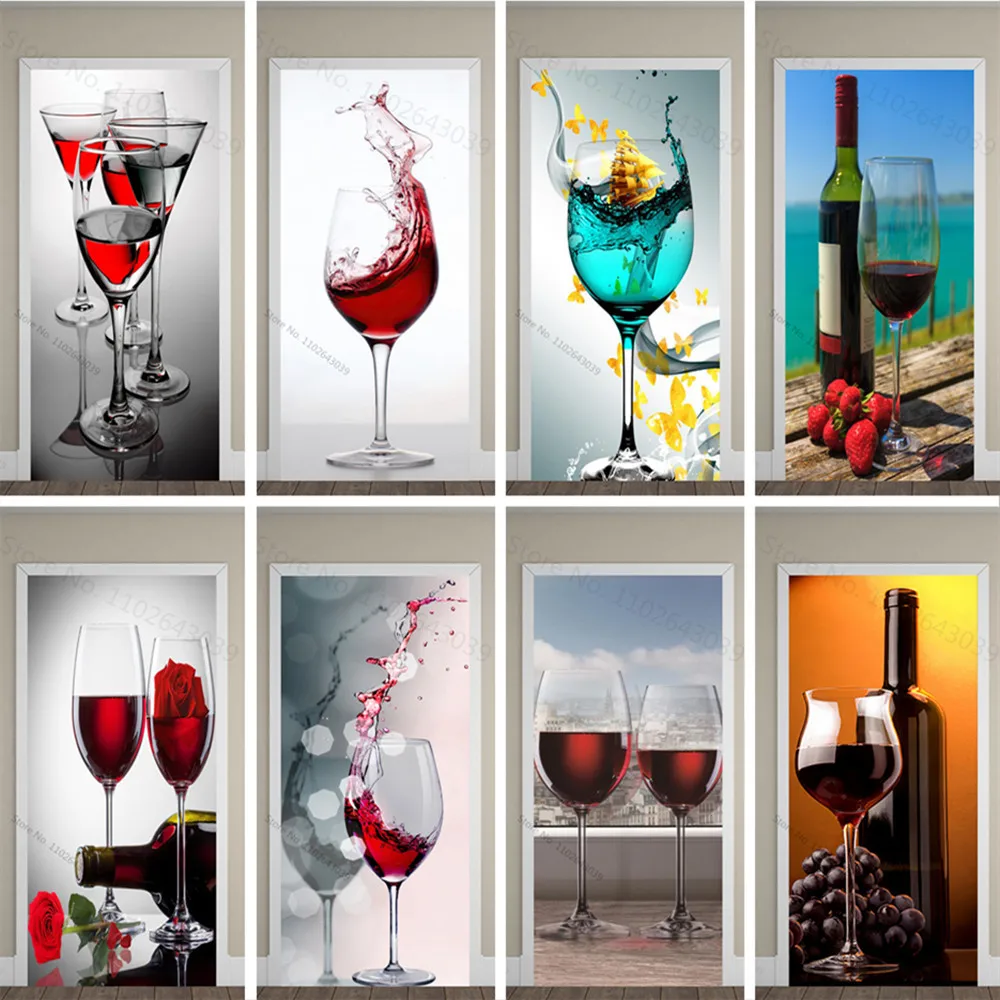 3D Red Wine Cup Door Sticker Room Home Decoration Red Rose Poster Wall Sticker Tear and Stick PVC Waterproof Wall Mural Vinyl