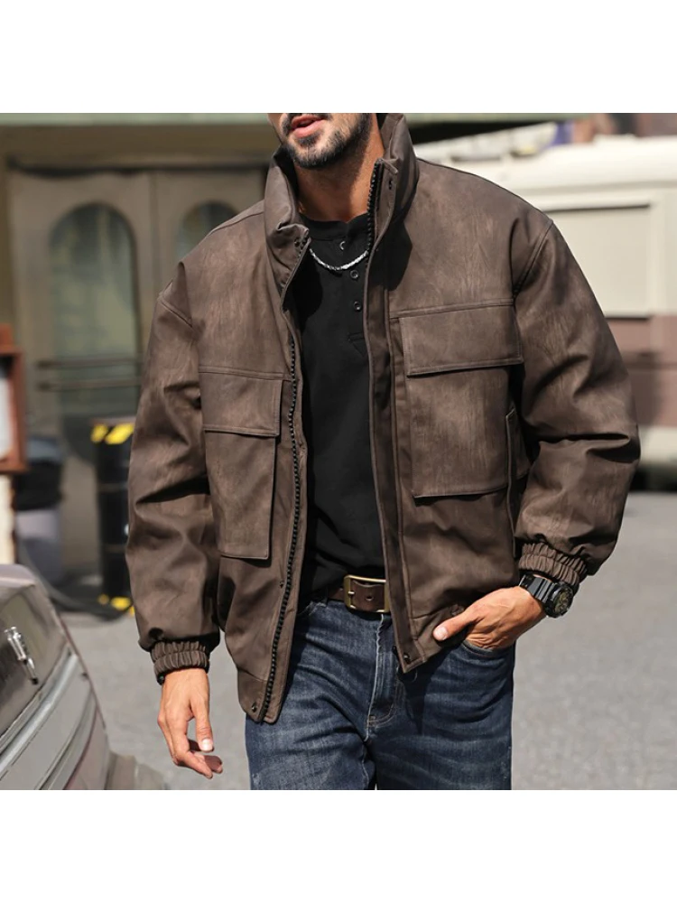 

Thiened Leather Jaet Men's down Jaet White Du Feather Stand Collar Winter Warm American Retro Men's Outdoor Sport Cit...