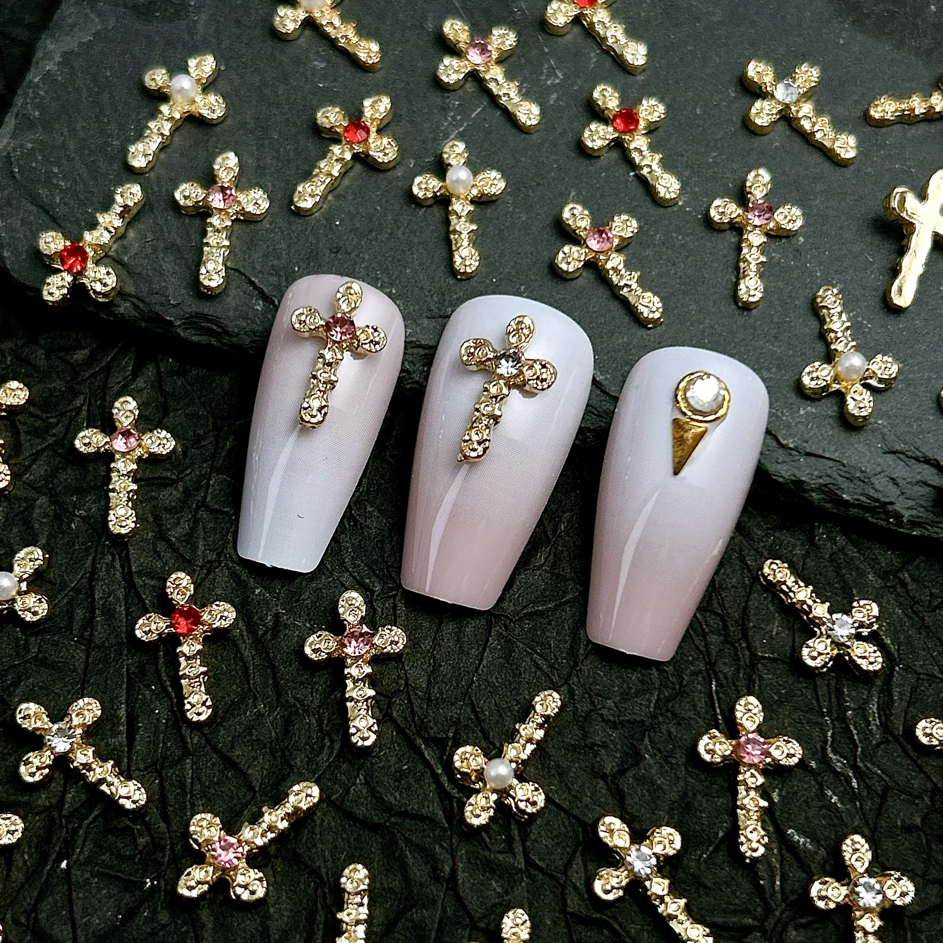 10PCS Light Luxury Retro Alloy Cross Nail Art Decorations Colorful Mini Rhinestones Pearl Inlaid Nail Charms for DIY Cool Nails