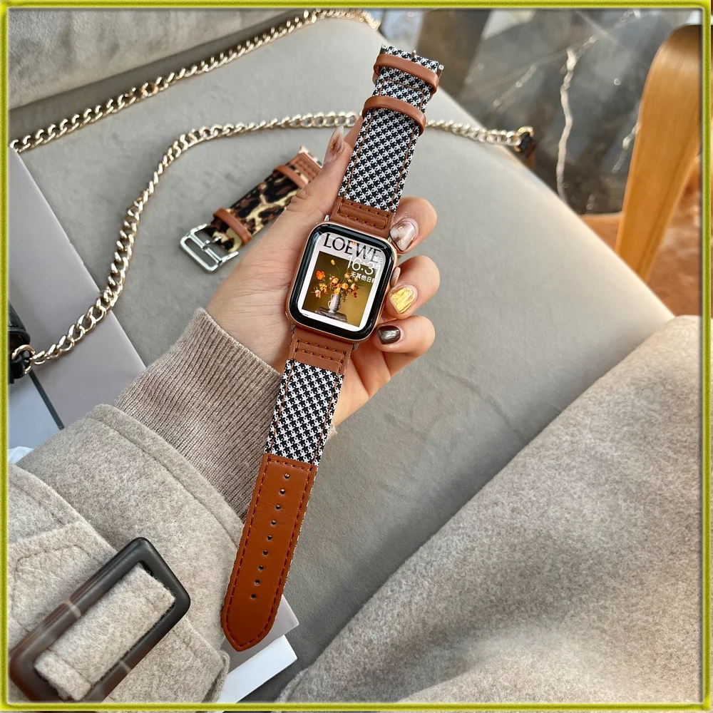 

Watch Bracelet Brand New for Apple Watch iwatch7123456se Leopard Plaid Canvas Watch Strap Leather Watch Strap