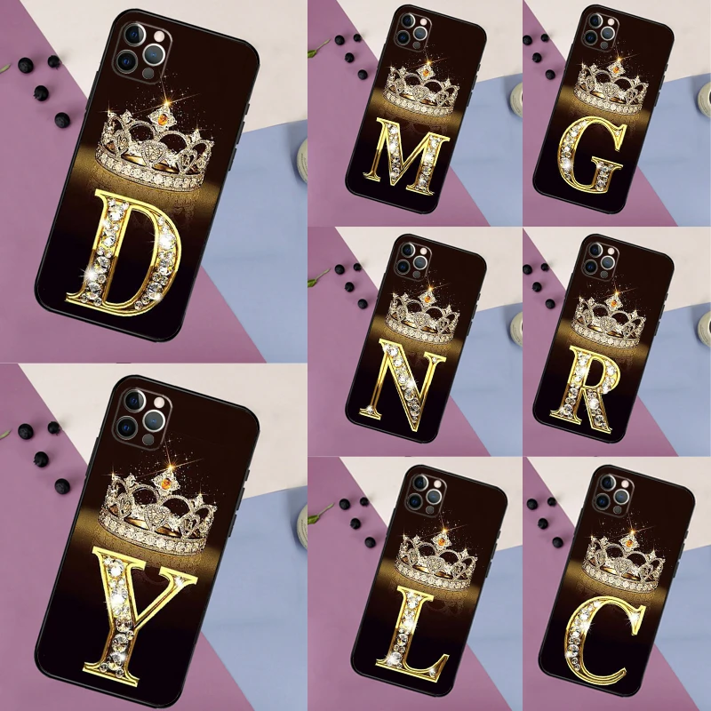 Letter Monogram Gold Marble Case For iPhone 16 15 14 13 12 11 Pro Max 14 16 15 Plus 13 Mini X XR XS Bumper Cover