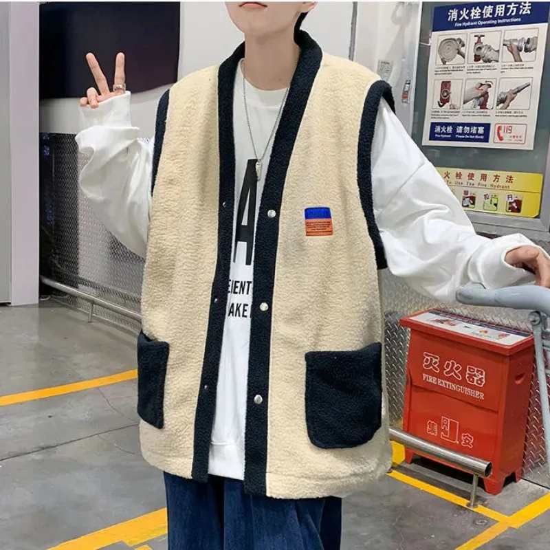 

Новый жилет из меха ягненка для мужчин на осень и зиму, японская свободная плюшевая куртка без рукавов в гонконгском стиле в стиле ретро