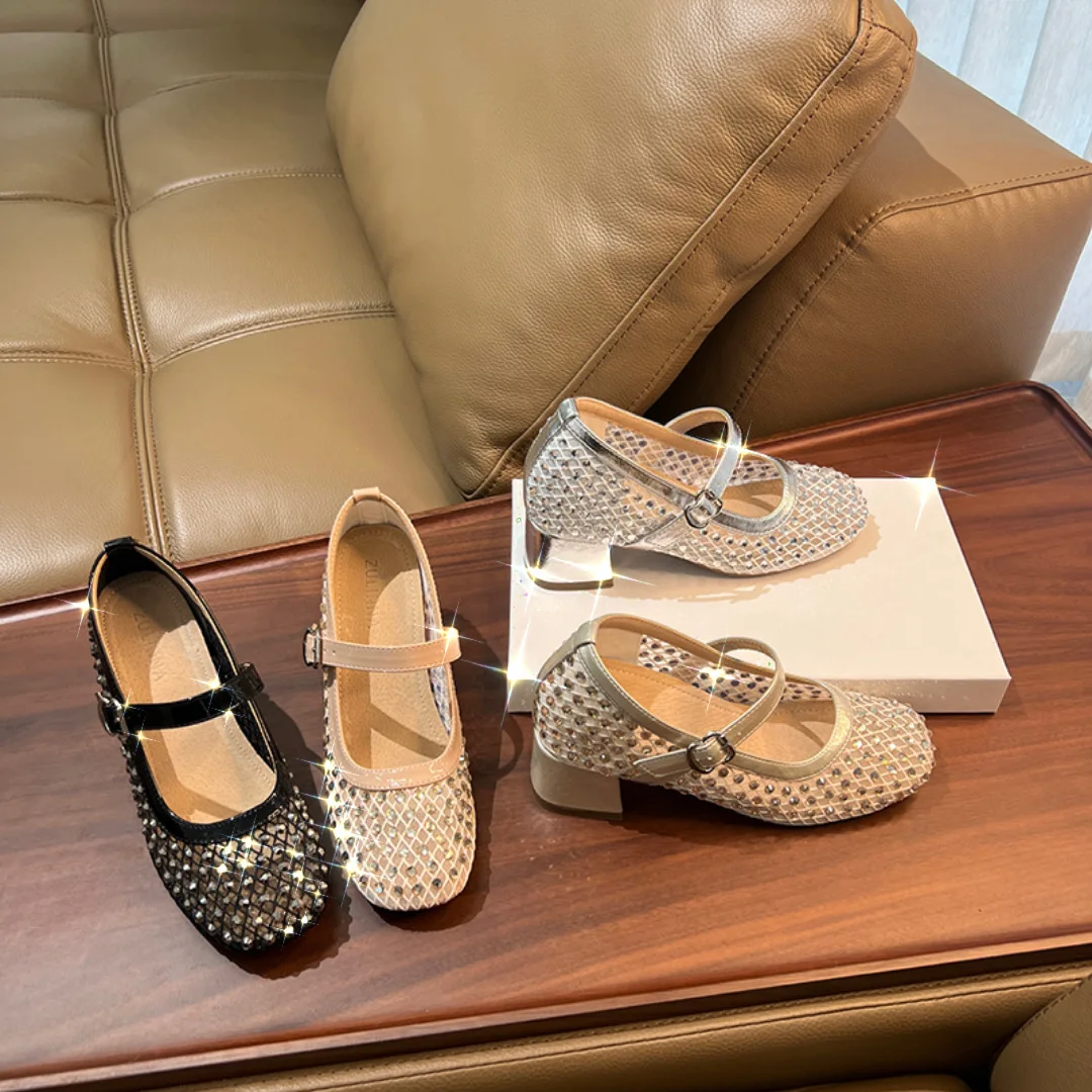 French Rhinestone Mesh Hollow Mary Jane Shoes Women Summer New Ballet Style Fashion Versatile Strap Chunky Heel