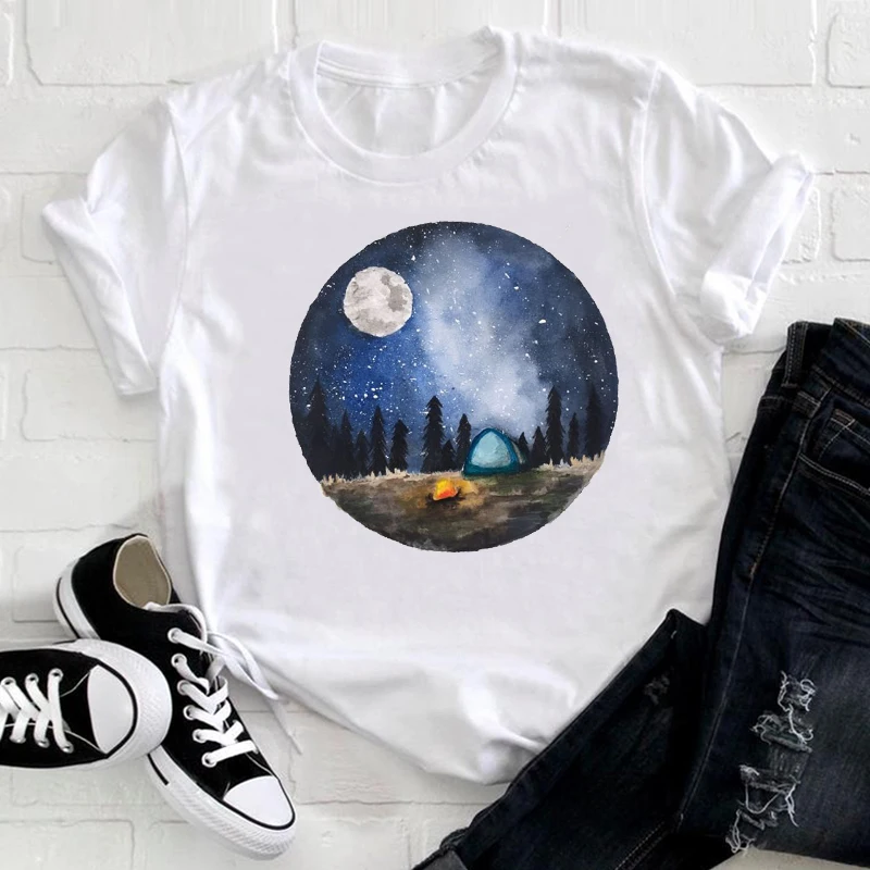 Women Clothing Natural Scenery Camper Night Fashion 90s Short Sleeve Summer Pretty Print Tshirt Nice Tee Top Graphic T-shirt