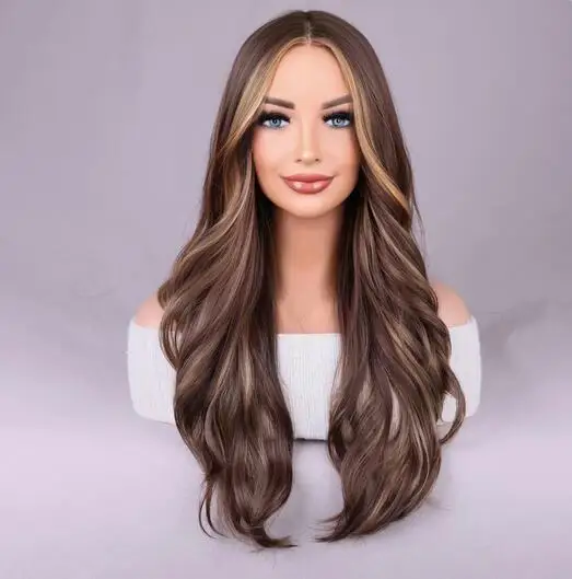 Long Mixed Brown Highlights Wavy Wig for Women Natural Synthetic Curly Wig Heat Resistant Fiber Wig for Everyday Wear