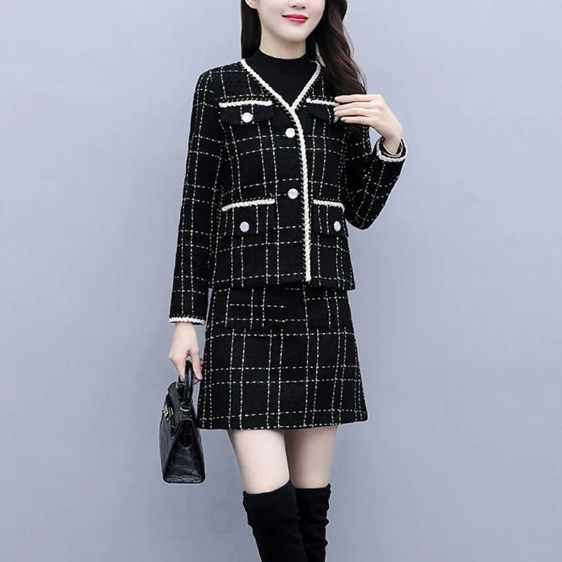 Women\'s Tweed Coat and Skirt Set, Oversized Female Dress Suit, Professional, Casual, Tide, Black, 5XL, New, Spring, Autumn