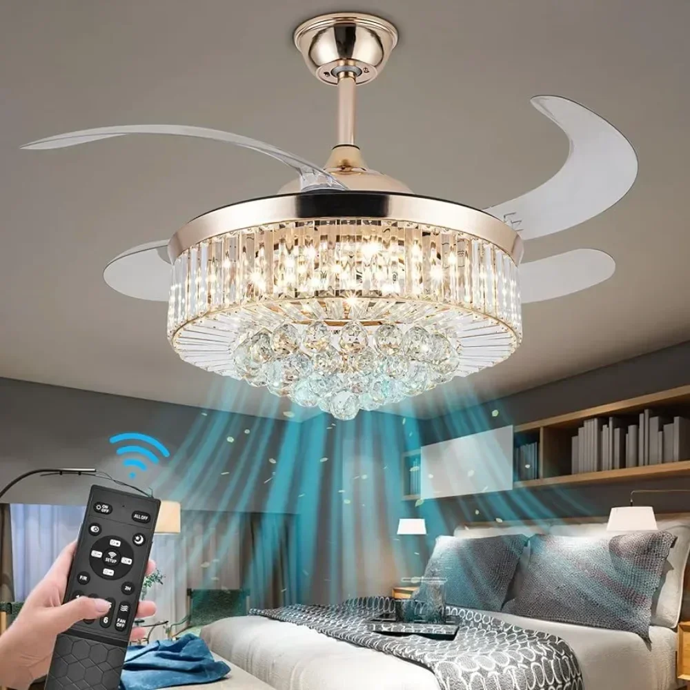 Reversible chandelier crystal ceiling fan with stepless dimming, modern ceiling fan remote control, retractable invisible blades