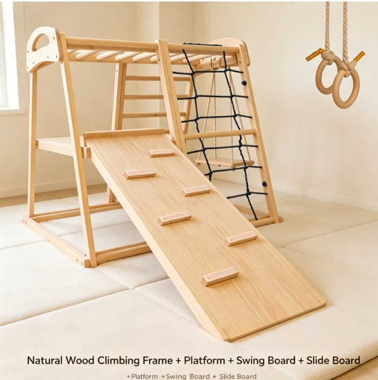 Wooden Climbing Frame Indoor Play Gym Slide Swing Set Natural Birch Toddler Pikler Triangle for Home Kindergarten Exercise