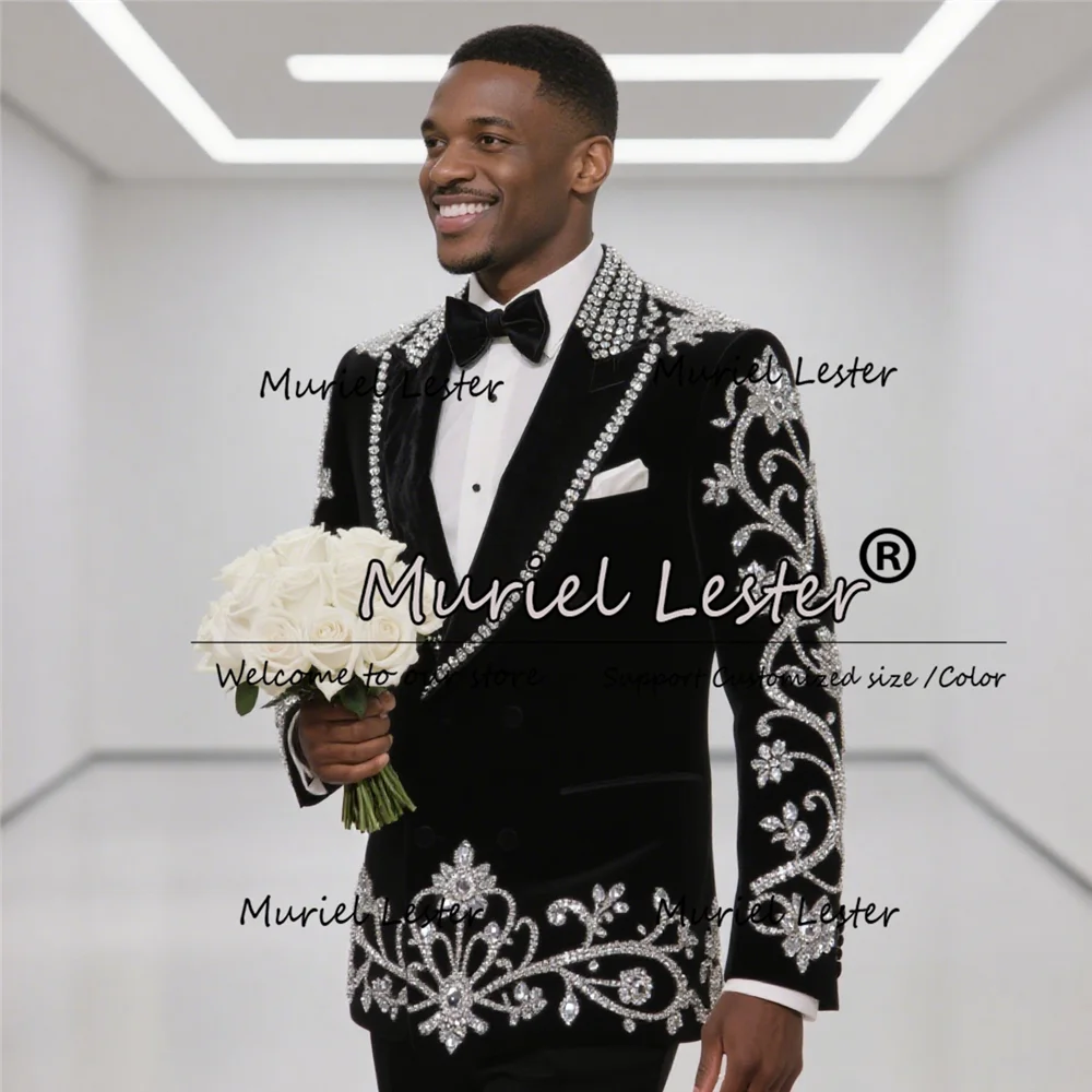 

Male Fashion Jewelry Stones Beaded Suit For Wedding Double Breasted Prom Blazers Outfits 2 Pieces Man Banquet Tuxedos Customized