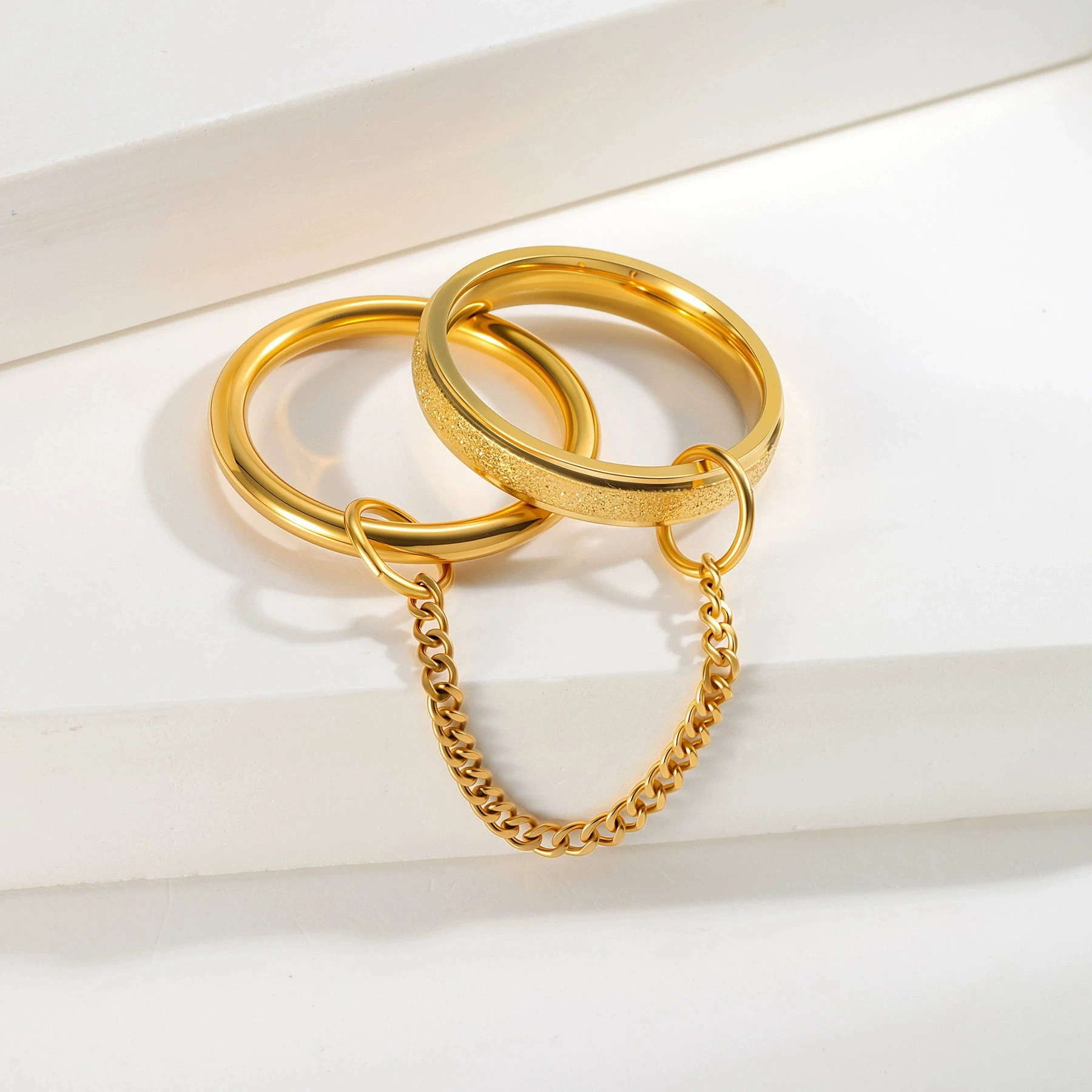 2pcs/set Stainless Steel Round Stacking Thin Rings For Women Gold Silver Color Connected Chains Finger Wedding Bands Jewelry
