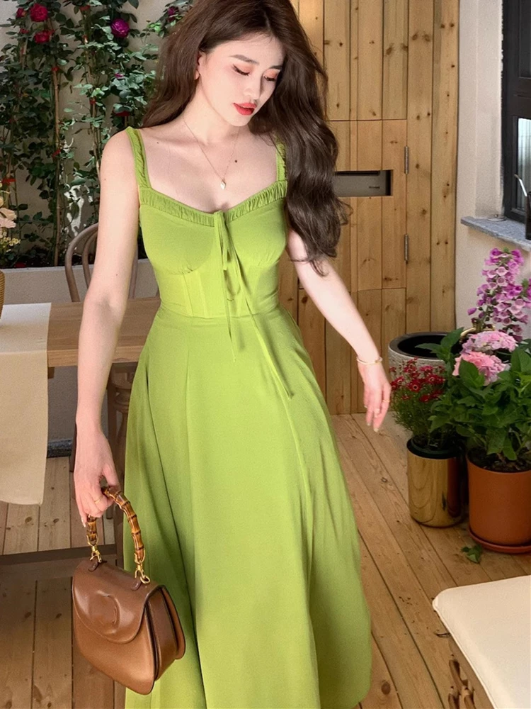 2024 Summer Elegant Women Sweet Party Midi Holiday Dresses Casual Female Lace Up Robe